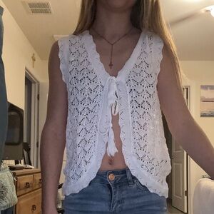 White Crochet Tie-Front Vest